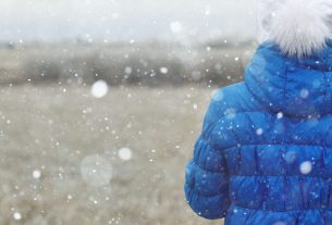 An Image of A Woman Wearing Blue Water Proof Jacket And White Scorf In A Winter Season.