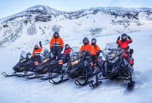 A Group Of Friends Get Ready FFor Snowmobiling.