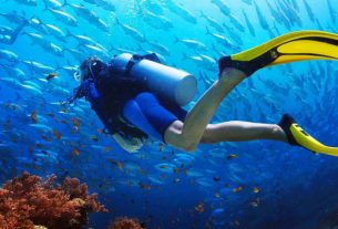 An Image Of A Female Scuba Diver In A Deep Sea Background.
