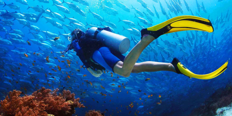 An Image Of A Female Scuba Diver In A Deep Sea Background.