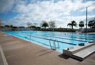 A public swimming pool with swimmers